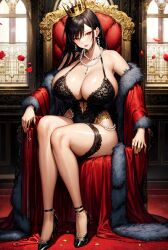 1girls ai_generated big_breasts crown curvaceous fur fur_trim golden_crown hi_res high_heels huge_breasts legwear lingerie milf queen solo solo_female stable_diffusion throne voluptuous voluptuous_female