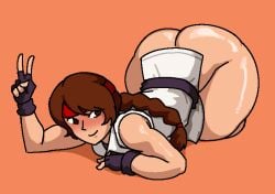 1girls art_of_fighting asian asian_female ass ass_up big_ass blush bottomless female female_only king_of_fighters peace_sign royalmilk20 shiny_skin smiling snk solo solo_female thick_ass thick_thighs wide_hips yuri_sakazaki