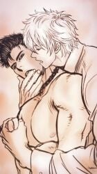 2boys big_pecs collar drooling finger_in_another's_mouth from_behind gay gintama gintoki_sakata grabbing_from_behind groping_from_behind haine_shion kondou_isao licking male male_only monochrome muscular muscular_male pec_grasp pecs tongue_out topless_male upper_body yaoi