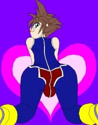 1boy ass ass_focus ass_shake bodysuit bulge femboy girly kingdom_hearts looking_back male male_focus male_only on_all_fours parody powertrip scene_interpretation solo solo_male sora spazkid swinging_balls tongue_out trap tyrranux