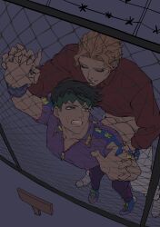 2boys absurdres against_fence anal black_hair blonde_hair cheekbones clenched_teeth clothes_pull diamond_is_unbreakable fence flat_color green_eyes grimace half-closed_eyes highres holding_another's_wrist jojo's_bizarre_adventure jojo_no_kimyou_na_bouken killerohan male_focus multiple_boys muted_color pants pants_pull rohan_kishibe shoes sneakers sweat teeth thus_spoke_kishibe_rohan wristband yaoi yoshikage_kira zipper