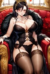 1girls ai_generated black_hair crown curvaceous curvy_body curvy_female curvy_figure garter_straps golden_crown highres huge_breasts legwear lingerie long_hair milf queen red_eyes seductive_look stable_diffusion stockings throne underwear voluptuous voluptuous_female