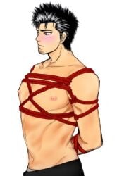 arms_behind_back arms_tied arms_tied_behind_back black_hair blush bondage bondage bound embarrassed facial_hair gintama goatee haine_shion kondou_isao male male_only nervous restrained rope rope_bondage rope_harness solo toned toned_male topless topless_male