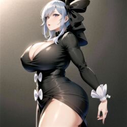 ai_generated ass bangs black_dress blue_hair blush bow breasts cleavage covered_nipples cowboy_shot curvy dress female from_side gothitelle gradient gradient_background grey_hair huge_breasts humanized large_breasts long_hair long_sleeves looking_at_viewer medium_hair purple_eyes side_slit sidelocks smile solo standing thick_thighs thighs