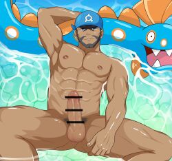 1boy abs absurdres archie_(pokemon) arm_up armpits bandana bar_censor bara beard black_eyes blue_bandana blur_censor boner brown_hair censored completely_nude dark-skinned_male dark_skin erection facial_hair feet_out_of_frame highres huntail large_pectorals lying male male_focus male_only male_pubic_hair mature_male muscular muscular_male navel nipples nude on_back paid_reward_available partially_submerged pectorals pokémon_(species) pokemon pokemon_(game) pokemon_oras pubic_hair short_hair solo solo_focus somindul spread_legs stomach team_aqua thick_thighs thighs