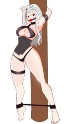 1girls angry_sub armpits arms_behind_head ball_gag barefoot bondage captured corset dominatrix fairy_tail femsub kodansha koji_draw leather legs_apart mirajane_strauss panties revenge role_reversal sex_slave solo_female white_hair