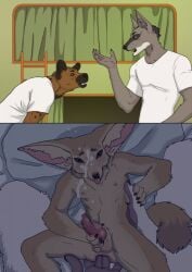 2_panel_comic anal anal_fingering animal_genitalia animal_penis anthro anus balls beastars bed bedding bedding_background big_dom_small_sub bodily_fluids brown_body brown_eyes brown_fur canid canine canine_genitalia canine_penis canis clawed_fingers claws clothing collot_(beastars) comic coyote cum cum_on_chest cum_on_face cumshot cumshot_on_face curtains curtains_closed digital_media_(artwork) domestic_dog dominant duo durham_(beastars) ejaculation fennec fingering fluffy fluffy_tail fox fur furaffinity furniture genital_fluids genitals hand_holding hand_on_own_penis herding_dog hi_res high-angle_view hyena hyena_boy hyena_ears hyena_humanoid inside kneeling knot ladder larger_male lying male male/male male_anthro mammal masturbation miguno_(beastars) nipples nude nude_anthro nude_male on_back orgasm pastoral_dog penile penile_masturbation penis sex shack_(artist) sheath sheepdog shirt short short_anthro short_male size_difference smaller_male spotted_hyena stealth_sex tail tongue tongue_out topwear voss_(beastars) white_body white_clothing white_fur white_shirt white_topwear