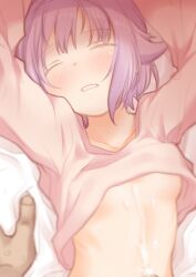 1boy armpits closed_eyes clothes_lift cum cum_on_body female highres idolmaster idolmaster_cinderella_girls koshimizu_sachiko lying on_back pink_hair sakaki_imasato shirt_lift short_hair