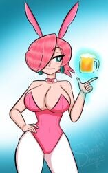 1girls alternate_costume beer beer_mug big_breasts bowtie breasts bunny_ears bunny_girl bunnysuit cleavage clothing earrings eyebrows_visible_through_hair female female_only gradient_background hair_over_one_eye half-closed_eyes hand_on_hip leotard light-skinned_female light_skin lips mario_(series) mario_hoops_3_on_3 nintendo pantyhose pink_ears pink_hair pink_leotard short_hair solo strapless_leotard teal_eyes thesilentdrawer using_magic white_mage_(mario) white_pantyhose