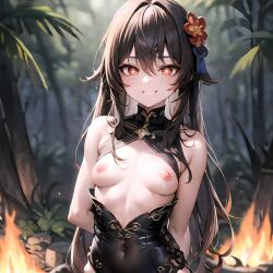 1girls ai_generated bare_shoulders black_clothing brown_hair day fire flower_shaped_pupils forest genshin_impact hair_between_eyes hair_ornament hands_behind_back hi_res highres hu_tao_(genshin_impact) long_hair looking_at_viewer nipples partially_clothed petite red_eyes small_breasts smile smiling_at_viewer solo_female stable_diffusion standing sunlight tagme teeth topless