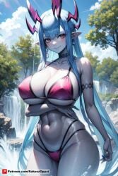 1girls ai_generated bikini blue_skin curvaceous curvy_body curvy_female curvy_figure erect_nipples erect_nipples_under_clothes fate/grand_order fate_(series) female hi_res high_resolution huge_breasts ibuki_douji_(fate) long_hair looking_back nipple_bulge rakosz_oppai seductive_look solo solo_female solo_focus stable_diffusion