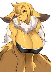 2023 aspirindabaitu big_breasts breasts brown_eyes game_freak hair_over_one_eye huge_breasts jolteon looking_at_viewer mx99926 nintendo pokemon sidelocks thick_thighs white_background wide_hips yellow_hair