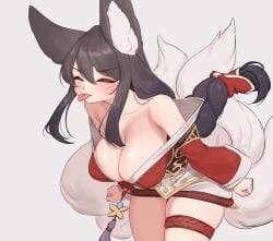 1girls 9_tails ahri big_breasts blue_hair breasts cleavage closed_eyes cute female_only fox_ears fox_girl fox_tails league_of_legends league_of_legends:_wild_rift nine_tailed_fox riot_games sfw tongue tongue_out vastaya yabby