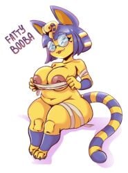 1girls animal_crossing ankha big_breasts blue_eyes blue_hair cat_ears cat_tail chubby chubby_female egyptian egyptian_mythology fangs female female_only furry glasses karakylia krl-03 large_breasts navel slightly_chubby solo solo_female solo_focus text thick thick_thighs thighs yellow_body yellow_skin