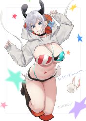 animal_ears bikini black_choker black_footwear black_shorts blue_eyes breasts character_name choker cleavage cropped_hoodie denim denim_shorts dog_ears falling female full_body gradient_hair grey_hoodie hands_up hood hood_down hoodie huge_breasts ikuchan_kaoru_(character) indie_virtual_youtuber large_breasts long_sleeves looking_at_viewer low_twintails micro_shorts multicolored_hair o-ring o-ring_top second-party_source shorts silver_hair smile solo swimsuit takuan_(takuanlunch) twintails virtual_youtuber