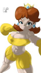 1girls abs biceps big_breasts big_thighs blue_eyes boxing boxing_gloves bra breasts brown_hair cleavage clothing crown earrings female female_only flipped_hair flower_earrings gloves half-closed_eyes human light-skinned_female light_skin lips looking_at_viewer mario_(series) midriff muscles muscular nintendo on_model parted_bangs pov pov_eye_contact princess_daisy sepuppet shorts shoulder_length_hair smile solo strapless_bra thick thick_hips thick_thighs white_background wide_hips yellow_boxing_gloves yellow_bra yellow_gloves yellow_shorts