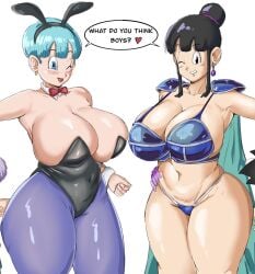 2girls 2milfs big_breasts bikini_armor bulma_(bunny) bulma_briefs bunnysuit chichi chichi's_armor cleavage dragon_ball dragon_ball_z english english_text female female_only huge_breasts mature_female milf milfs multiple_girls panarandom text text_bubble toei_animation white_background