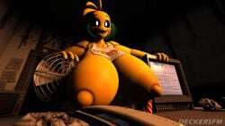 3d deckersfm five_nights_at_freddy's five_nights_at_freddy's_2 glowing_eyes huge_breasts robot robot_girl sfm source_filmmaker taller_girl teeth_showing toy_chica_(fnaf) toy_chica_(lewd_hareboy) yellow_body