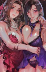 2girls aerith_gainsborough aoin armlet big_breasts black_hair bow bowtie breast_press breasts brown_hair chromatic_aberration cleavage clothes_lift crescent crescent_earrings dress dress_lift earrings female female_focus female_only final_fantasy final_fantasy_vii final_fantasy_vii_remake green_eyes hi_res highres huge_breasts jewelry lace lace-trimmed_panties lace_trim large_breasts locked_arms long_hair looking_at_viewer multiple_girls nail_polish necklace panties parted_lips pubic_hair pubic_hair_peek purple_dress red_dress red_eyes red_nails smile smooth_skin star_(symbol) star_earrings star_necklace tifa_lockhart unaligned_breasts underwear voluptuous