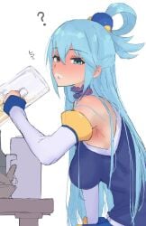 1girls aqua_(konosuba) aqua_hair cum cum_drinking cum_in_container drinking_cum glass kono_subarashii_sekai_ni_shukufuku_wo! looking_at_viewer semen shirabe_shiki solo