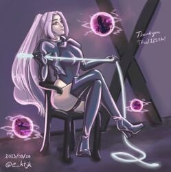 balls black_boots boots burdizzo chair chastity_cage chastity_device commission dominatrix elbow_gloves female_only gloves high_heel_boots holding_object holding_whip jacket ktjk league_of_legends long_hair magic_whip sex_dungeon sex_toy sitting_on_chair smile sphere strap-on syndra thigh_boots whip