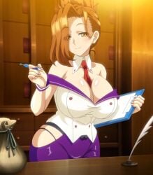 1girls breasts brown_eyes brown_hair cleavage clipboard hips holding_clipboard holding_object large_breasts mira_leelium receptionist renseijutsushi_collet_no_h_na_shibo_shirage_monogatari screencap stitched wide_hips