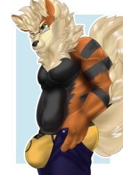 absurd_res anthro arcanine bottomwear checkhoff clothing emarcanine generation_1_pokemon glass hi_res invalid_tag male male_only meme nintendo pants pokemon pokemon_(species) solo tatto tight_pants_(meme)