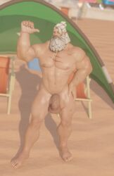 1boy 3d 3d_(artwork) bara beach big_penis fully_nude male male_only muscular muscular_male nude overwatch penis reinhardt scar solo solo_male txddy3d