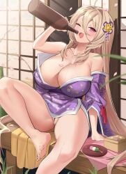 absurdres ahoge arm_support bar_censor blonde_hair blush bottle bottomless breasts censored cleavage dango female food hair_ornament highres holding holding_bottle japanese_clothes kimono large_breasts long_hair looking_at_viewer off_shoulder one_eye_closed open_mouth original pink_hair pussy sake_bottle saucer shouji sitting sliding_doors smile solo somyo_(s0my0) wagashi wide_sleeves