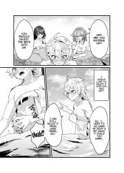 1boy 2girls aether_(genshin_impact) anzu0130 blush dialogue doujinshi embarrassed english english_text genshin_impact long_hair naked raiden_shogun yae_miko