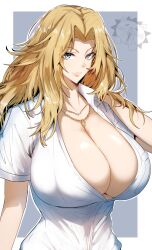 1girls big_breasts bleach blonde_hair blue_eyes breasts female female_only forehead gin_moku highres huge_breasts jewelry kon large_breasts long_hair looking_at_viewer matsumoto_rangiku mole mole_under_mouth necklace school_uniform schoolgirl shirt short_sleeves solo top_heavy unbuttoned unbuttoned_shirt upper_body voluptuous voluptuous_female white_shirt