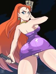 1girls ass big_ass big_breasts breasts cameltoe curvaceous deathzera dress female from_below ghost_sweeper_mikami human large_breasts long_hair low_angle pale-skinned_female pale_skin panties panty_shot red_hair reiko_mikami thick_thighs wide_hips