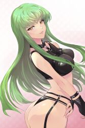 1girls ass bare_arms bare_shoulders black_gloves black_shirt breasts c.c. code_geass cowboy_shot female female_only fingerless_gloves gloves green_hair large_breasts light-skinned_female light_skin looking_at_viewer shan_laotou shirt sidelocks sleeveless smile solo very_long_hair yellow_eyes