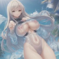 1girls ai_generated artist_request bangs beach big_breasts boob_window character_request cossia eyebrows_visible_through_hair grey_eyes leotard looking_at_viewer navel nipples one-piece_swimsuit out_of_frame outside sheer_clothing shiny shiny_clothes shiny_hair shiny_skin solo swimsuit swimwear very_long_hair white_hair