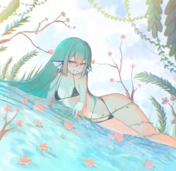 1girls bare_midriff belly_button bikini black_bikini dabi_(s7nsles) exposed_torso finana_ryugu flower_on_liquid flowers green_hair head_fins laying_down laying_on_side looking_at_viewer medium_breasts midriff navel nijisanji nijisanji_en plants purple_eyes seductive seductive_look seductive_smile smile smooth_hair solo solo_female solo_focus straight_hair swimsuit swimwear vines virtual_youtuber water