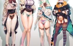 4girls aia_amare bare_legs bare_shoulders bare_thighs black_panties blonde_hair blue_panties braid braided_hair braided_ponytail ceres_fauna crossover crotchless_pantyhose exposed_legs exposed_shoulders exposed_thighs eyes_out_of_frame female female_only finana_ryugu finger_over_mouth garter_belt_leggings green_hair green_panties head_fins head_out_of_frame hi_res highres hololive hololive_english hololive_english_-council- hololive_english_-promise- kuroi_suna legwear lifted_by_self lifting_skirt lingerie millie_parfait multiple_girls nijisanji nijisanji_en orange_panties panties pantyhose pantyshot pantyshot_(standing) presenting_panties pussy_outline ripped_clothing ripped_pantyhose showing_off showing_panties skirt skirt_lift skirt_up stockings thigh_gap thigh_squish thigh_strap thighhighs thighs virtual_youtuber vtuber white_hair white_legwear white_pantyhose white_stockings yellow_hair