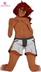 covering_breasts dark_skin embarrassed female mal_(malberrybush) malberrybush malyna peal_malyna shorts solo white_background