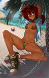 beach bikini clothed eyewear_on_head female mal_(malberrybush) malberrybush malyna peal_malyna pubes shoes small_breasts sneakers solo sunglasses sunglasses_on_head tongue_out