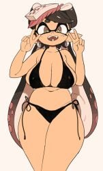 1girls alternate_breast_size bikini black_bikini black_hair breasts callie_(splatoon) cleavage facial_markings female huge_breasts inkling large_breasts light-skinned_female light_skin long_hair nintendo peace_sign pointy_ears smile splatoon splatoon_(series) tentacle_hair thick_thighs wide_hips yuta_agc