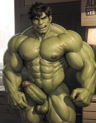 1boy ai_generated aimenlover bara black_hair gay genitals green_body green_eyes hulk male male_only marvel muscles muscular muscular_male penis stable_diffusion tagme