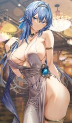 1girls alternate_costume big_breasts blue_eyes blue_hair bracelets clothed clothing female female_only goddess_of_victory:_nikke helm_(chandelier)_(nikke) helm_(nikke) indoors jewelry light-skinned_female light_skin looking_at_viewer official_alternate_costume revealing_clothes sideboob solo yuichi_hiiragi