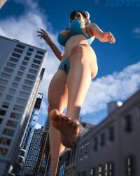 1girls 3d asian asian_female big_breasts breasts building_destruction chun-li city from_behind from_below giantess jgrfgts light-skinned_female solo solo_female street_fighter