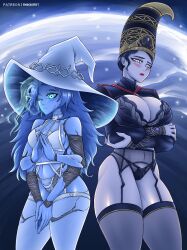 2girls anikiki_kun big_ass big_breasts blue_hair cleavage daughter elden_ring female female_only fromsoftware huge_breasts light-skinned_female lingerie milf mother mother_and_daughter ranni_the_witch rennala_queen_of_the_full_moon wide_hips