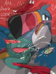 absurd_res avian beak bird bodily_fluids cum erection feral froot_loops genital_fluids genitals hi_res kellogg's looking_at_viewer male mascot masturbation nude open_mouth penis saliva solo text tongue toucan toucan_sam wings zikk