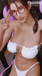 1girls 3d alluring athletic_female bangs big_breasts bikini brown_eyes brown_hair female_abs fit_female foulveins glasses julia_chang looking_at_viewer namco selfpic smile tekken