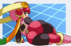 1girls ass ass_focus blush bodysuit boots brachyzoid gloves helmet legs leotard looking_at_viewer lying_on_side mega_man mega_man_battle_network presenting_hindquarters roll.exe solo_female thighhighs thighs