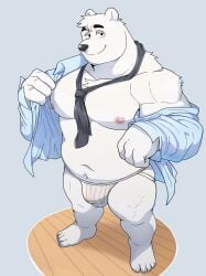 aggressive_retsuko anthro balls bara bear bulge furry jockstrap male male_only muscles muscular o-ro open_shirt penis polar_bear sanrio shirota solo solo_male undressing ursid white_body white_fur