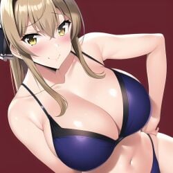 1girls ai_generated amagi_brilliant_park big_breasts bikini breasts brown_hair busty cleavage hand_on_hip large_breasts long_hair looking_at_viewer navel sento_isuzu smile solo yellow_eyes