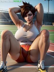 1girls ai_generated armpits arms_up athletic_female big_breasts blizzard_entertainment brown_hair cleavage clothed curvaceous curvy_body curvy_female curvy_figure exercise female female_only highres huge_breasts lena_oxton looking_at_viewer overwatch panda-ai panda_ai seductive_look short_hair smile solo spread_legs stable_diffusion sweat sweaty tracer