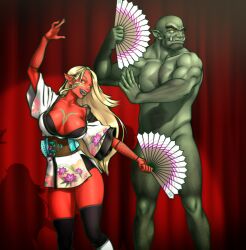 1boy1girl argag blonde_hair cleavage clothed_female_nude_male fan green_skin kimono komainu_(artist) muscular myrl orc orc_female orc_male performance red_skin thighhighs yellow_eyes